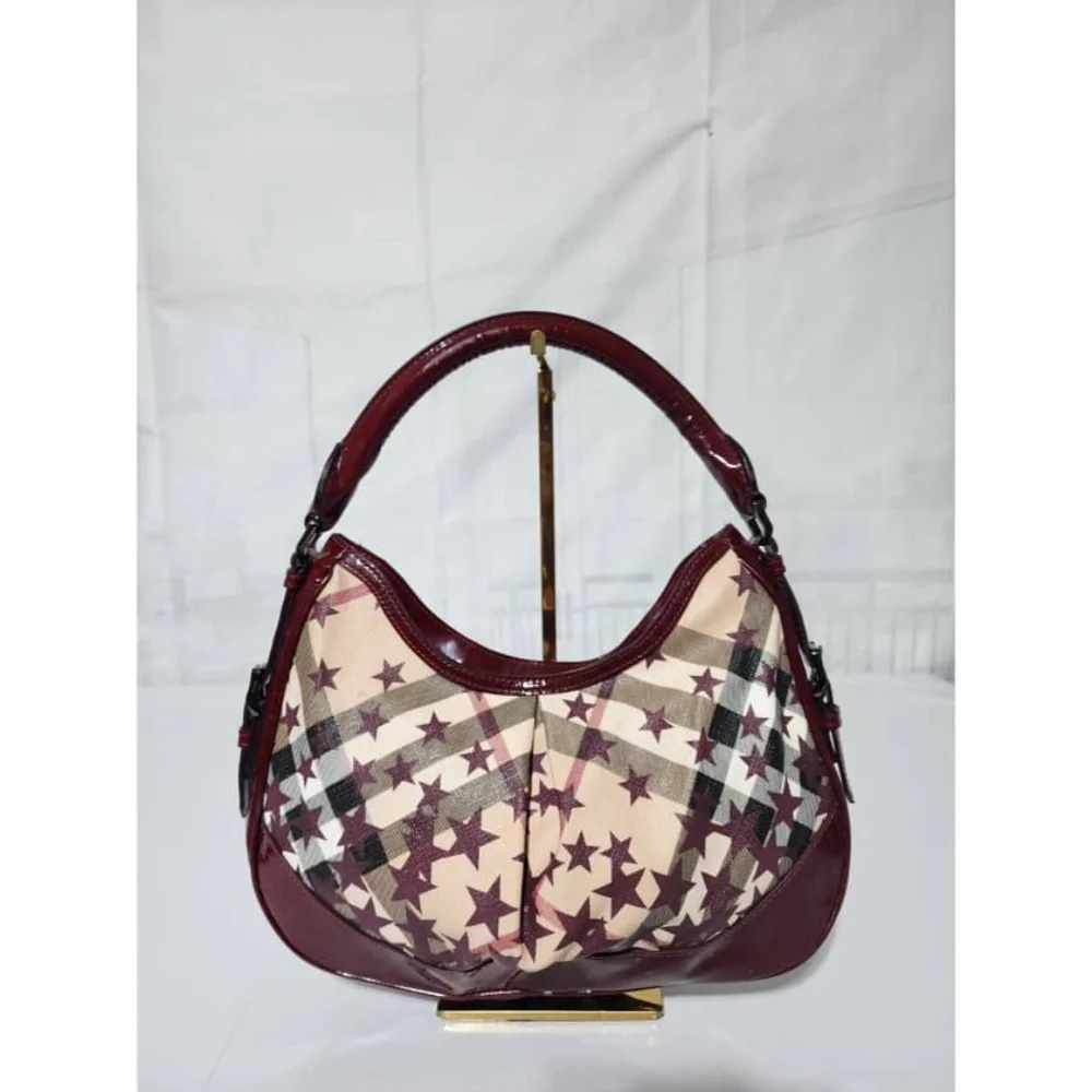 Authentic Burberry Nova Check Berry Red Star Small Hernville Hobo Bag Burgundy